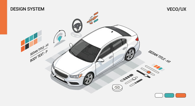 Isometric illustration of white sedan car with design elements for ux ui