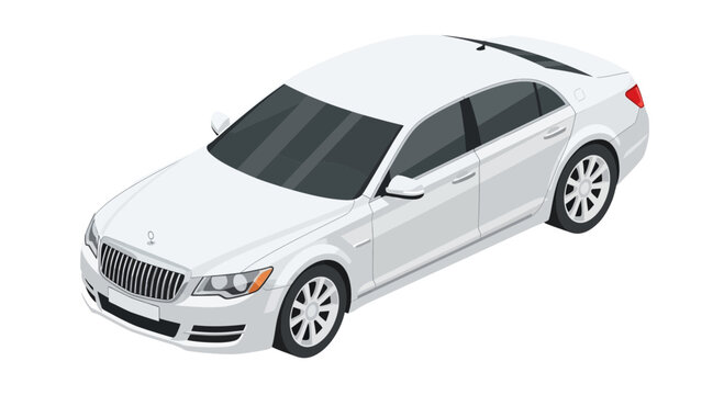 Isometric view of a modern white sedan car isolated on a white background