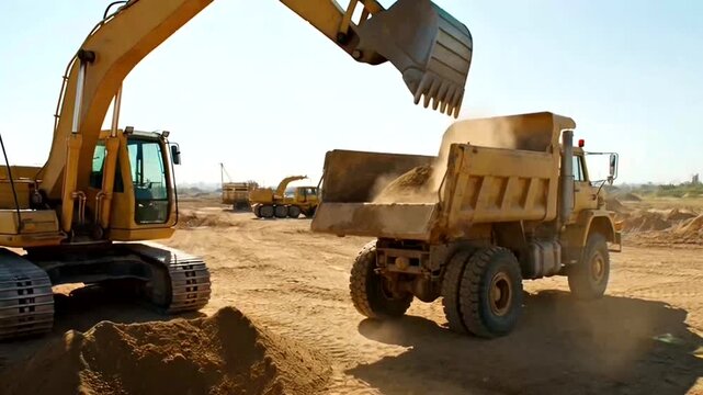 An excavator loading a dump truck with earth at a construction site