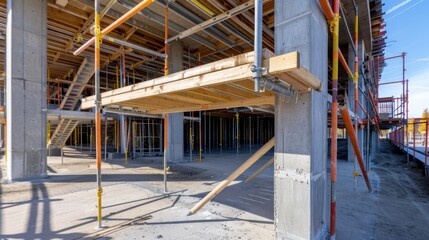 Construction Site Interior with Scaffolding and Framework in Progress of Building Structure Development