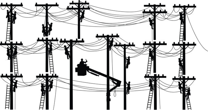 Silhouette Collection of Electricians and Linemen Working on Utility Poles with Power Lines, Ladders, and Bucket Truck for Electrical Infrastructure Service and Repair