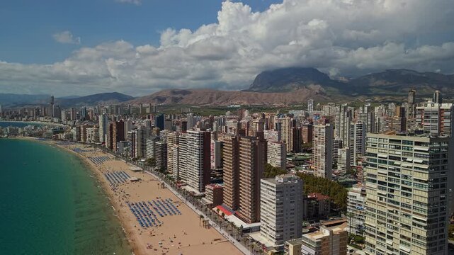 Aerial panorama of Benidorm beachfront skyline with sandy beach and Mediterranean coastline Spain