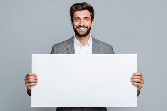 Businessman holding blank banner isolated on gray studio background