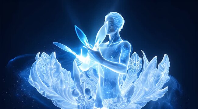 Translucent blue figure holds a glowing blade, emerging from a radiant lotus bloom