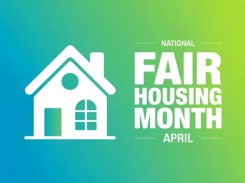 National fair housing month april logo with house icon on colorful gradient background