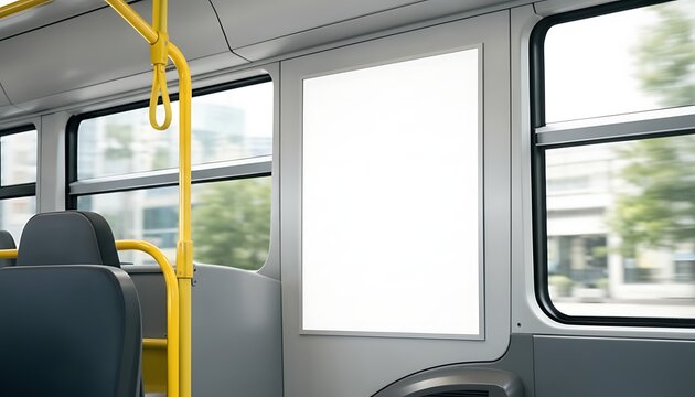 Blank vertical advertising poster mockup inside a public transport bus