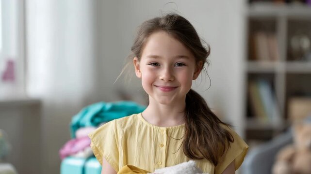 Happy young girl holding clothes and stuffed animal, packing for a trip