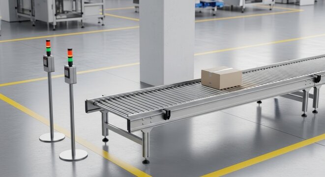 A cardboard box moving along a roller conveyor system in a modern industrial factory production line