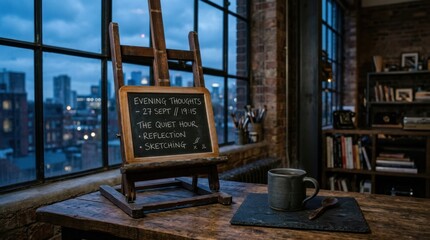 Fototapeta premium Chalkboard with evening thoughts and sketches on an easel beside a steaming mug of coffee in an urban loft studio