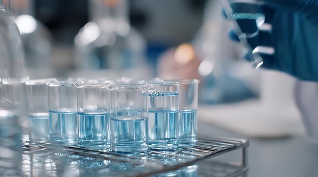 Gloved hand holding laboratory glassware.