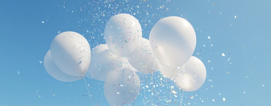 The White Balloons Floating Against a Clear Blue Sky with Confetti