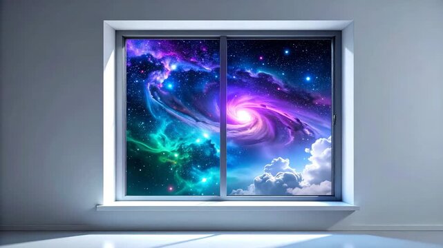 A window frames a vibrant cosmic scene with nebula, stars, and swirling light
