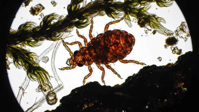 Microscopic view of a small translucent orange insect, likely an aphid or springtail nymph, crawling on plant debris, showing its segmented body and six legs under brightfield magnification