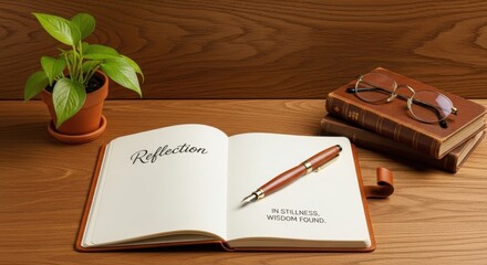 Fototapeta premium Open journal with a fountain pen, displaying 'Reflection' and 'In stillness wisdom I found'