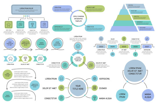 Hand drawn infographic templates set - diagrams, timeline, flow charts, pyramid and other templates