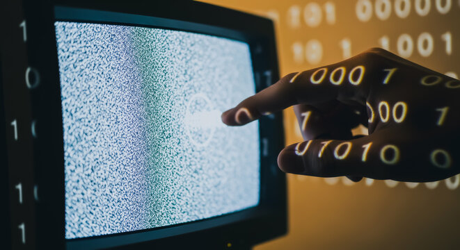 Hand Touching Old Television Screen with Static Noise and Projected Binary Code Representing Cyber Security and Data Hacking