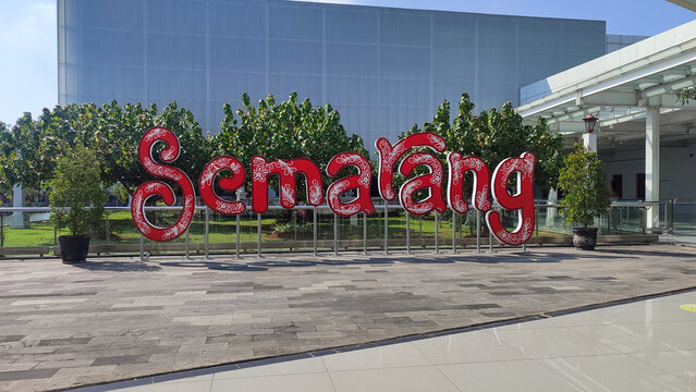 Semarang, Indonesia - January 6, 2026: The iconic "Semarang" sign is displayed in the modern open public space, the welcome gate of Semarang Airport.