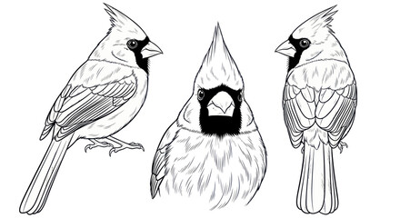 Northern Cardinal Bird Illustrations - Three Poses, Line Art Drawing © Iwak