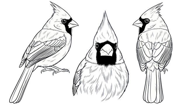 Northern Cardinal Bird Illustrations - Three Poses, Line Art Drawing