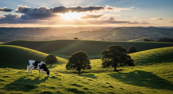Expansive green pasture with a grazing cow under golden sunset rays and rolling hills