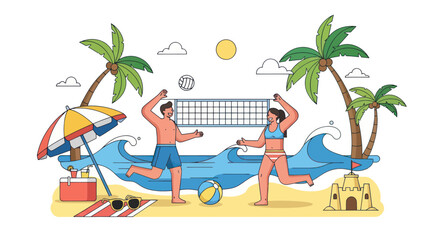 Obraz premium Couple playing beach volleyball on a sunny summer day with palm trees and ocean waves