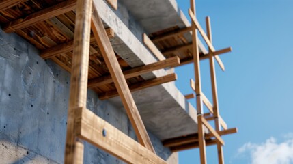Wooden Scaffolding Set Against a Blue Sky at a Construction Site with Concrete Structure and Supports