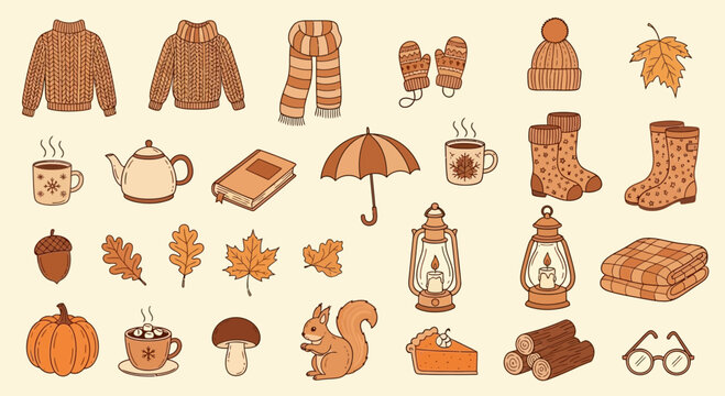 Autumnal collection of cozy items and seasonal elements in a vector illustration