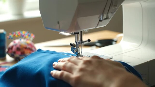Sewing Machine in Action - Crafting a Blue Fabric Creation.