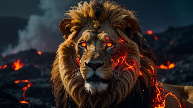 A majestic lion with fiery eyes and lava-like markings