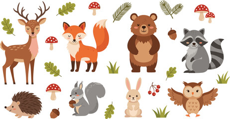 Obraz premium Hand Drawn Woodland Animal Character Set with Deer, Fox, Bear, Raccoon, Squirrel, Owl, and Hedgehog Surrounded by Forest Mushrooms, Leaves, and Berries