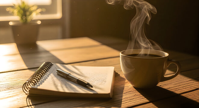 A steaming cup of coffee sitting on a wooden desk next to a notebook and pen during the sunset