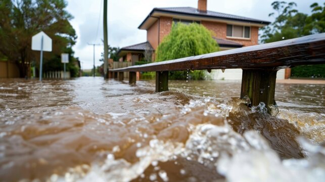Flooded Residential Area with Rising Water Levels and Impacts on Homes in Suburban Neighborhood