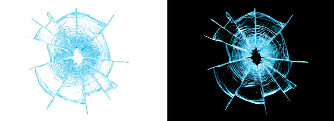 Cyan blue broken glass hole with radial cracks on alpha transparency