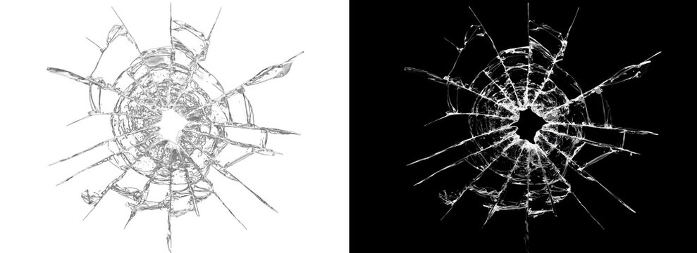 Shattered glass window pane with central impact point and long cracks