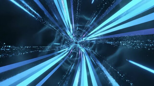 Abstract futuristic wormhole tunnel with glowing blue and purple light beams traveling through space.