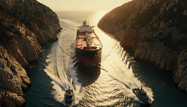 a massive oil tanker passing through a narrow rocky strait, two fast attack boats moving alongside