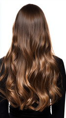 Naklejka premium Back view of a woman with long, shiny, and wavy brown hair with caramel highlights
