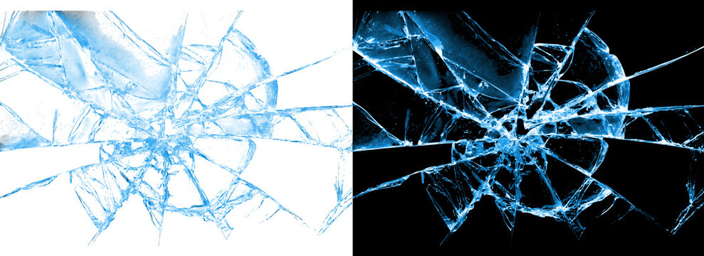Blue broken glass shards with realistic cracks on transparent layer