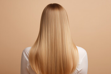 Fototapeta premium Rear view of a woman with long, smooth, and straight blonde hair against a beige background.