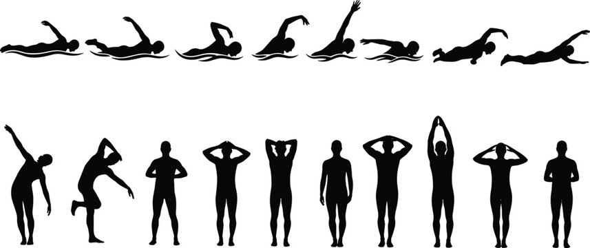 Swimmer silhouettes collection with freestyle swimming strokes and athlete warm up poses, aquatic sport training set isolated on white background fitness activity concept