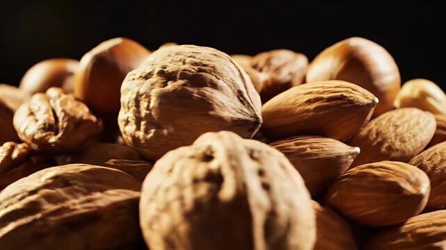 Close-up view of a pile of mixed nuts, including walnuts and hazelnuts