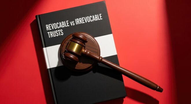 Gavel resting on a legal book about Revocable vs Irrevocable Trusts, symbolizing justice and estate planning