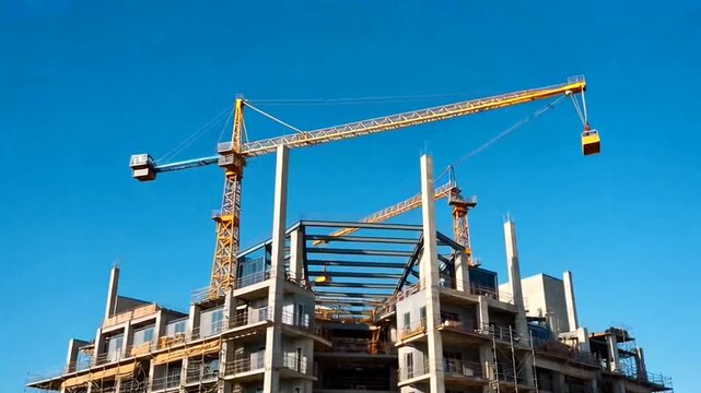 A construction site with a crane lifting materials for a new building under a clear blue sky