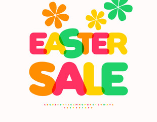 Vector Spring flyer Easter Sale with Colorful Flowers. Bright Festive Font. Transparent Watercolor Alphabet Letters and Numbers set.
