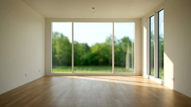 An empty room with large windows overlooking nature, modern home interior concept