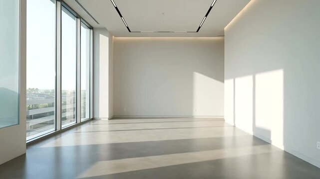 A modern office space with large windows and ample natural light. The empty room offers versatility for various uses, from a blank canvas to an inviting work environment