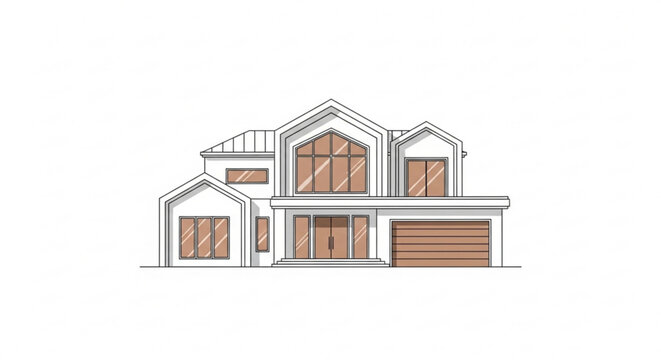 Modern two story house with gable roof and large windows architectural design white and brown color scheme residential building illustration