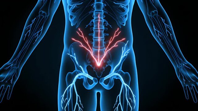 Detailed 3D Animation of the Lumbar Spine and Sacrum Highlighted with Red Glowing Nerves on a Blue Human Anatomy Model Against a Black Background