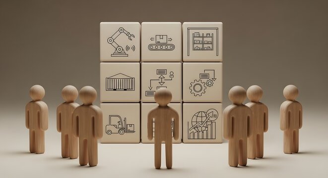 Conceptual representation of industrial automation processes and supply chain management involving human collaboration and robotics in manufacturing