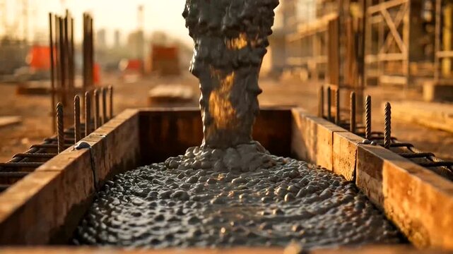 Pouring concrete into a formwork at a construction site, highlighting the process of building